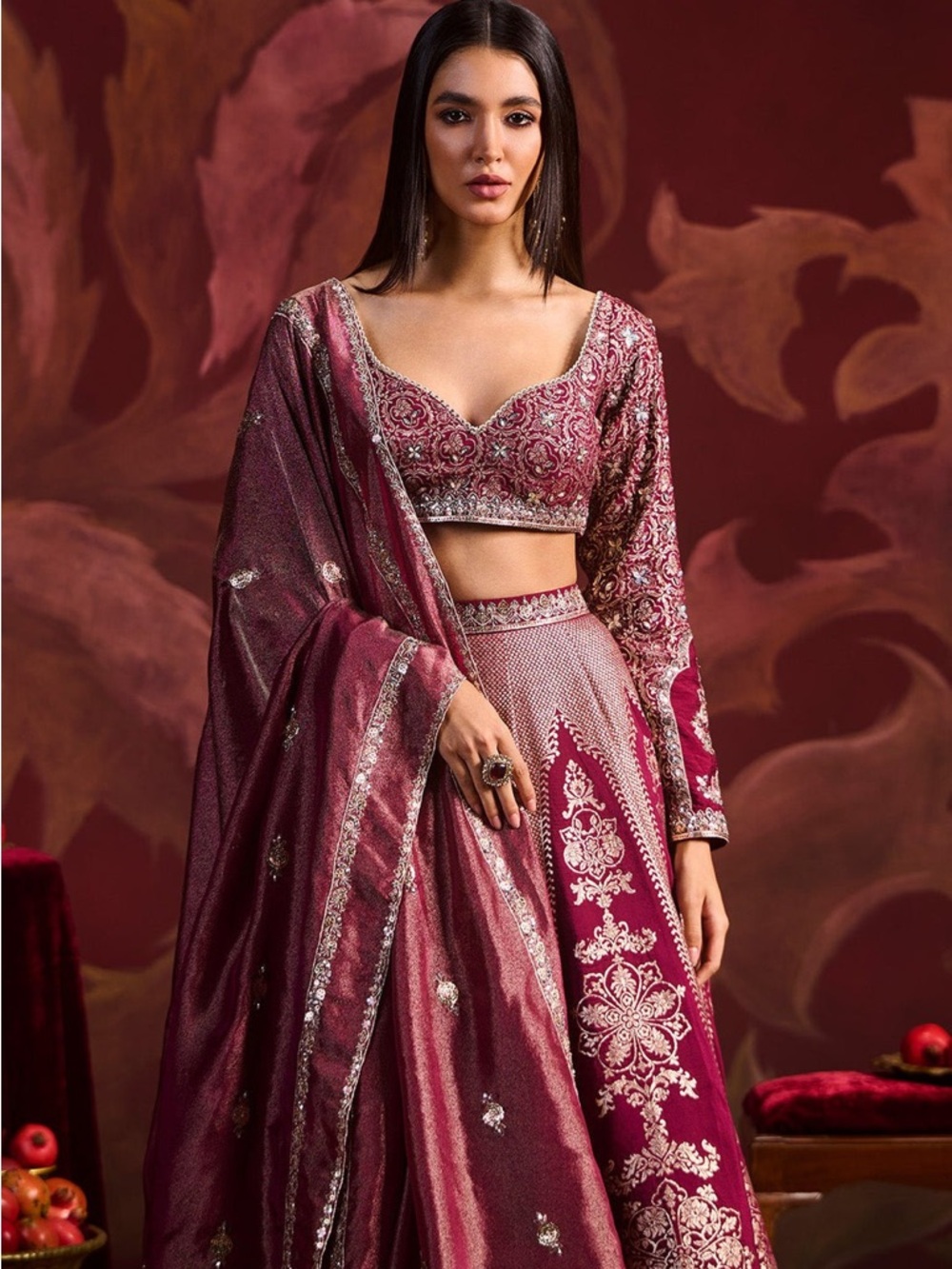Embroidered Maroon Lehenga Set with Dupatta